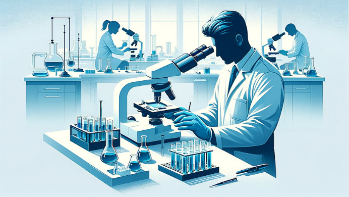 image focuses on the core activity of toxicology research, featuring one or two scientists engaged in examining a sample under a microscope or handling a test tube
