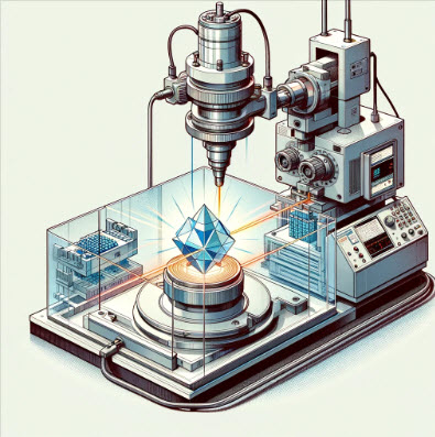 illustration of an X-Ray Diffraction (XRD) system. It showcases the setup within a laboratory environment, including the X-ray tube, crystalline sample mounted on a goniometer, and the detector for the diffracted X-rays.
