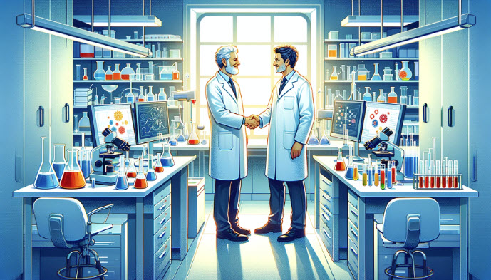 two scientists shaking hands in a laboratory